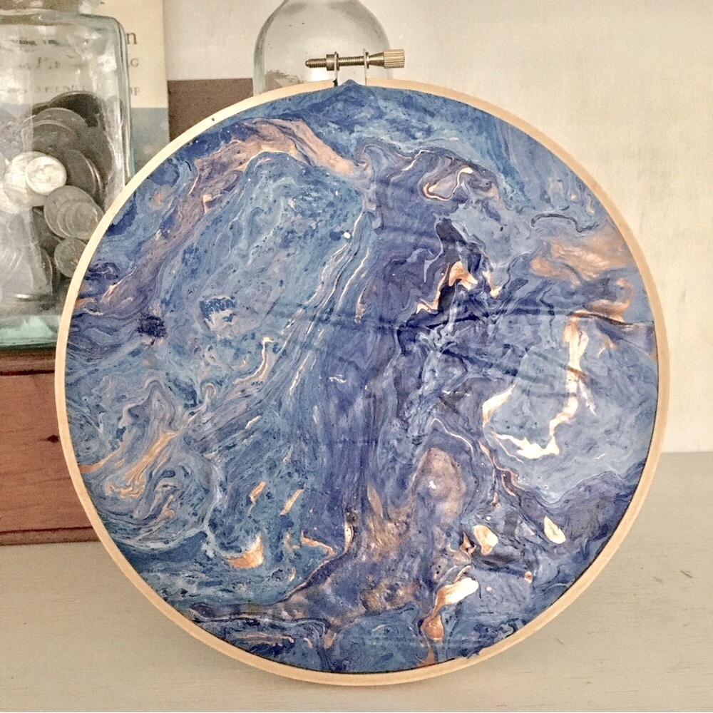 Original Acrylic Wax Skin Art on Wood Wall Art Blue Copper Ribbons | 7.5” Wide